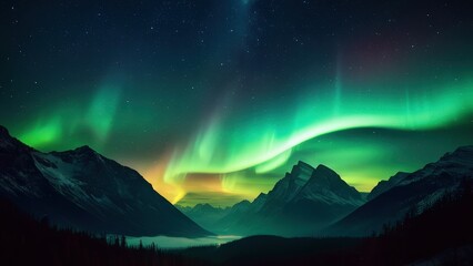 Breathtaking night sky featuring vibrant auroras dancing over majestic mountains, creating a stunning contrast with a starry backdrop. Ideal for nature and travel enthusiasts