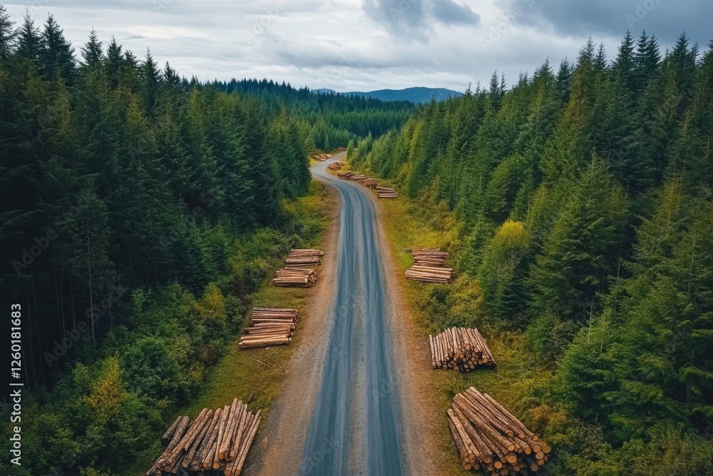 Poster aerial view of a forest road lined with neatly stacked logs after deforestation, illustrating timber