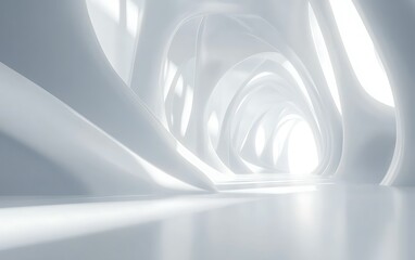 Fototapeta premium Futuristic white tunnel, bright light at end, architectural design, background for website