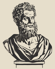 A stylized vector drawing of an ancient philosopher in a traditional bust pose, with bold black outlines and a minimalistic background.