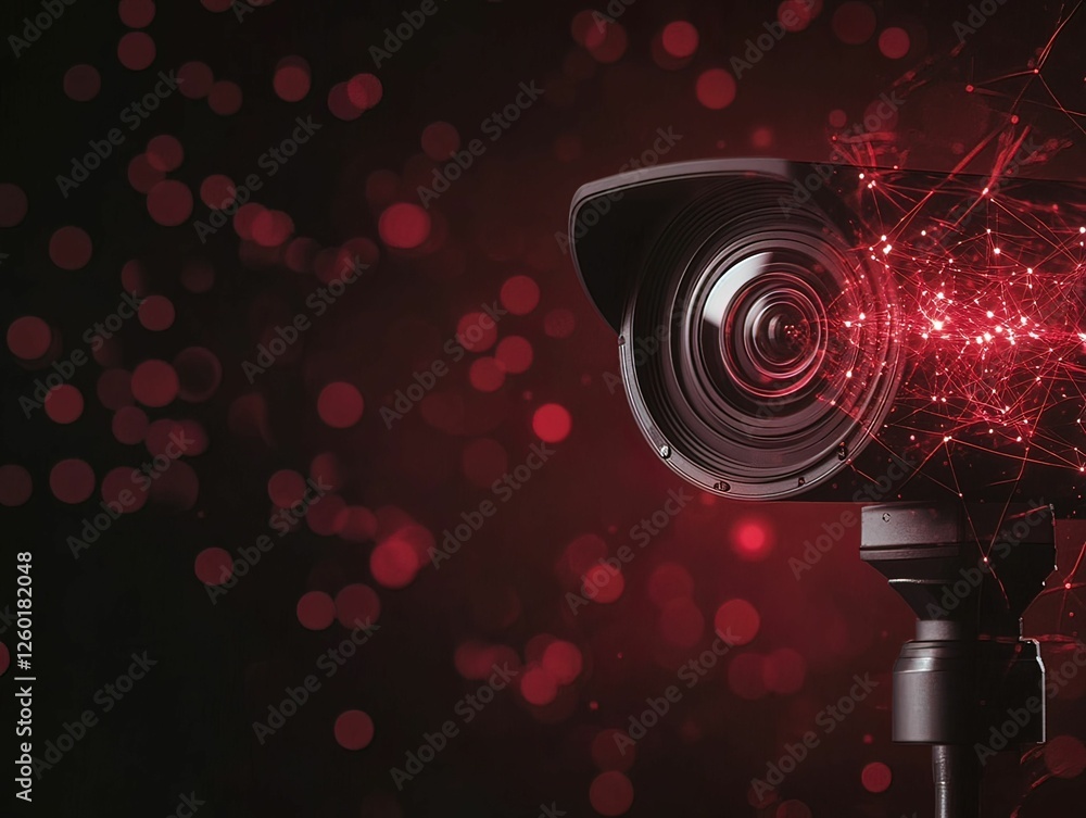 Poster dynamic smart camera displays glitchy red holograms modern studio technology concept futuristic envi