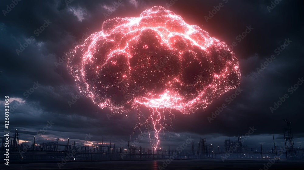 Poster smart factory under siege glowing clouds and compressed scale in industrial setting