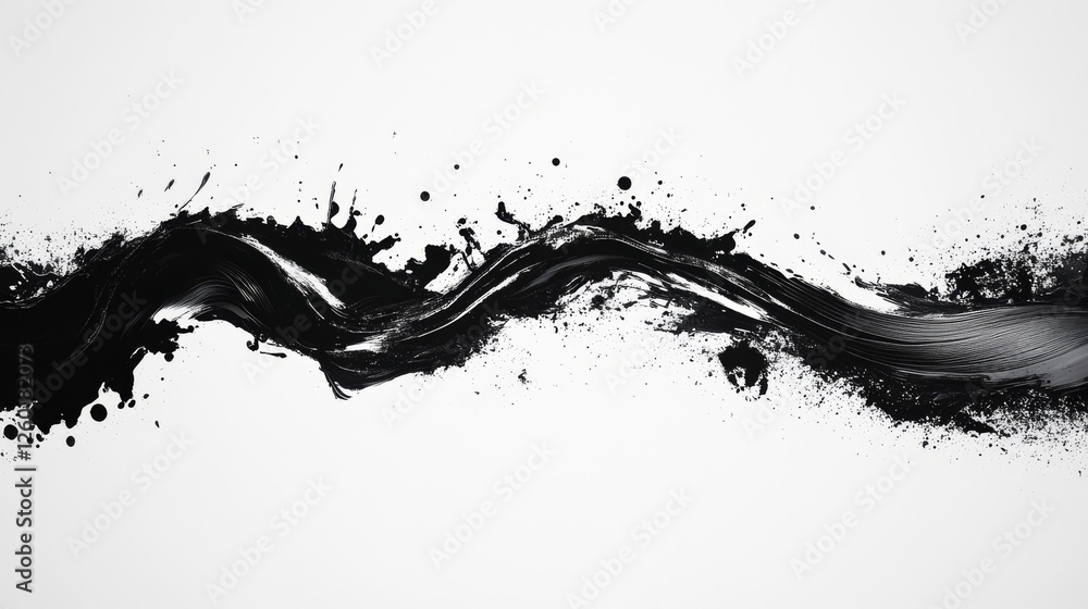 Poster abstract black and white painting with dynamic brush strokes and splashes of paint on a blank canvas