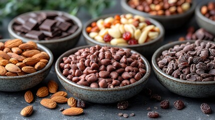 Fototapeta premium Assorted chocolate and nuts in small bowls on dark surface