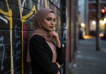 Fototapeta premium Stylish Young Middle Eastern Woman in Black Jacket with Pink Top in Urban Alley.