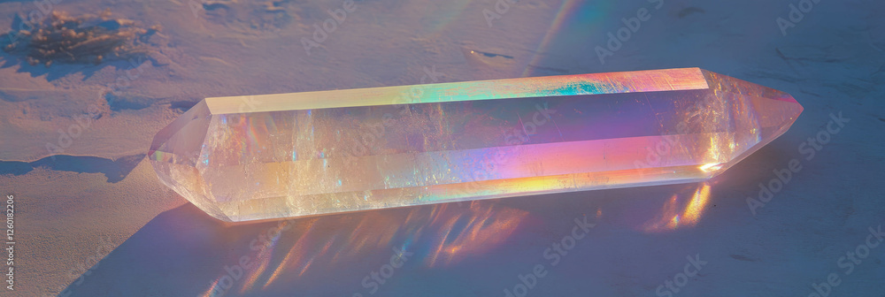 Poster Elongated crystal flare with subtle rainbow gradient and soft edges on a textured surface
