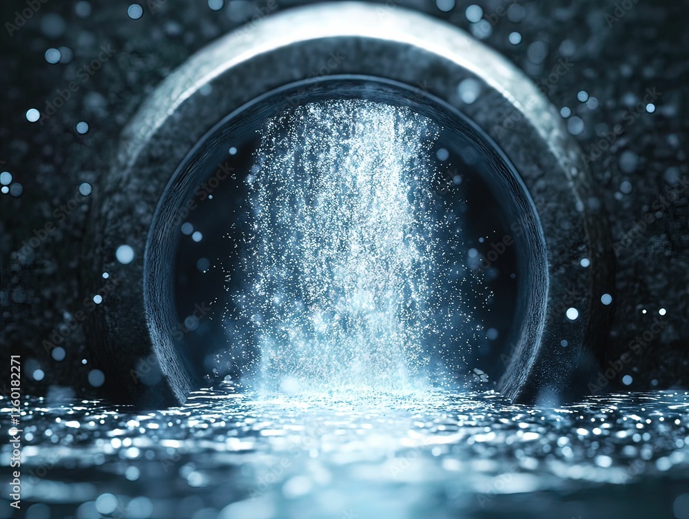 Poster symbolic representation of malware flowing through a sewer pipe urban setting digital nighttime abst
