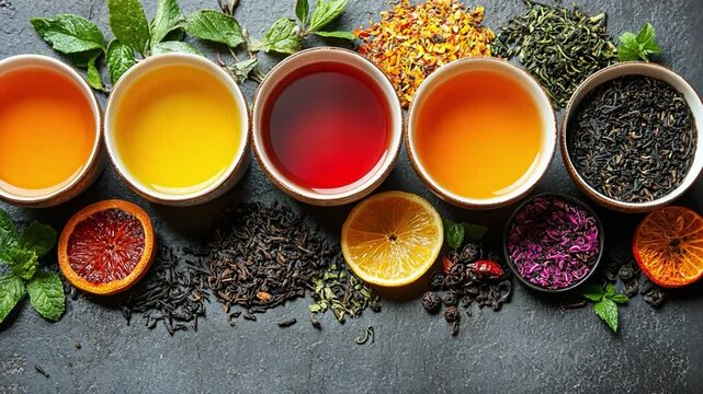 Aromatic Tea Selection: A vibrant arrangement of various tea blends and infusions, inviting a sensory exploration of flavors and aromas, showcasing the diverse world of tea culture. 