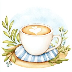 Watercolor Illustration of Latte Art Coffee in a White Mug with Greenery
