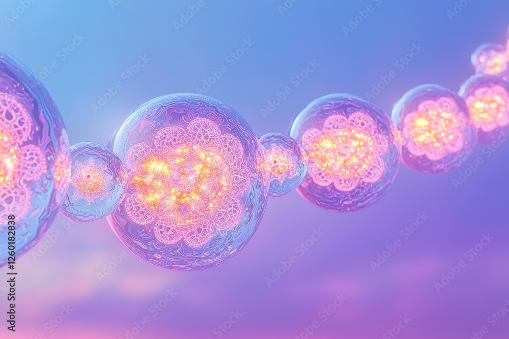 Poster chain of translucent spheres with intricate golden patterns on gradient sky