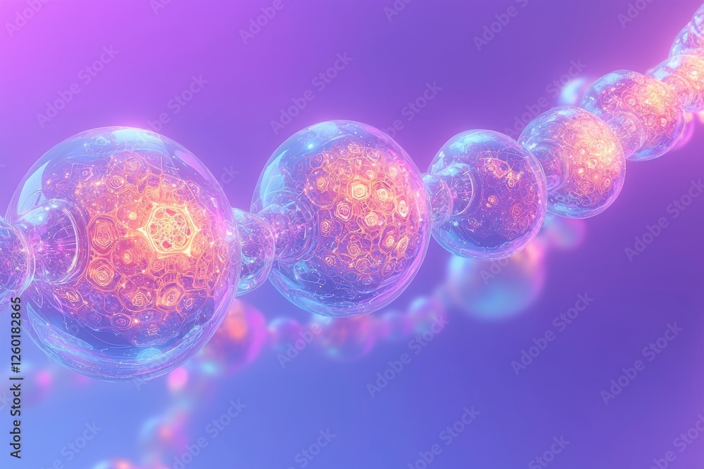 Poster chain of translucent spheres with intricate golden patterns on gradient sky