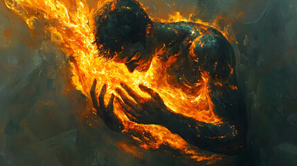 Naklejka premium Embracing the Inferno: A dramatic, surreal artwork depicts a powerful figure engulfed in vibrant flames, hands clasped in a gesture of intense emotion. The artwork evokes themes of passion, sacrifice.