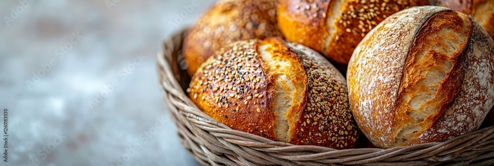Poster this image features a selection of delicious rustic breads presented in a woven basket, capturing th