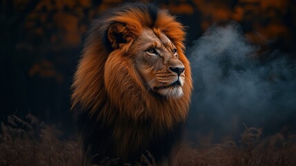 Naklejka premium portrait of a lion in the smoke