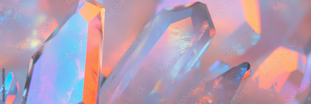 Poster soft crystal flares radiate with pastel colors and diffused light creating a serene atmosphere