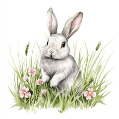 Obraz premium Adorable Grey Bunny Rabbit in Spring Meadow Watercolor Illustration Cute Easter Hare