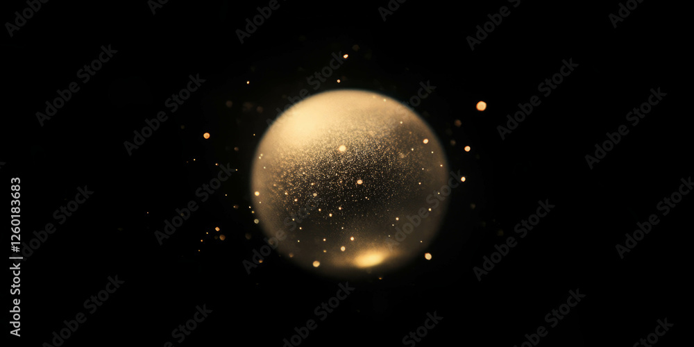 Poster Soft round bokeh texture with warm golden sparkle against a black background