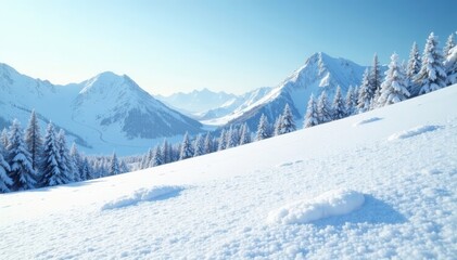 Gentle slope, pristine white snow, small drifts , ridge, dune