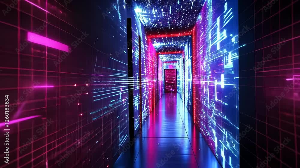 Poster the corridor features stunning led lights that form a dynamic pattern of colorful beams, creating an