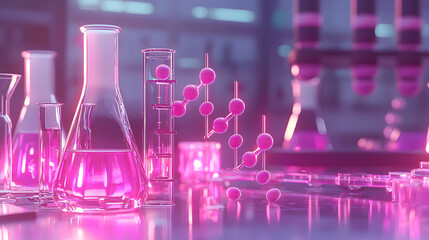Pink Elixir: A captivating tableau of science, with beakers filled with vibrant pink liquid and a molecule structure in focus, illuminated by a mesmerizing purple light.