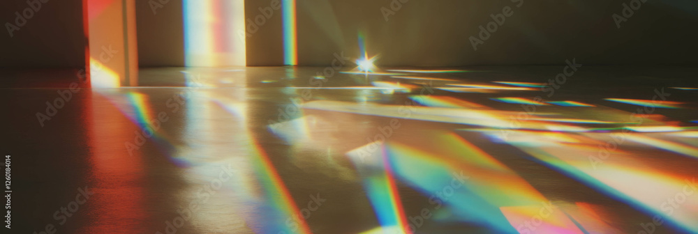 Poster dynamic distribution of light through concentrated crystal flares on a studio floor