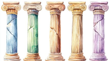 Obraz premium Watercolor Painting of Five Ancient Greek Columns Damaged and Colorful Architectural Design Elements