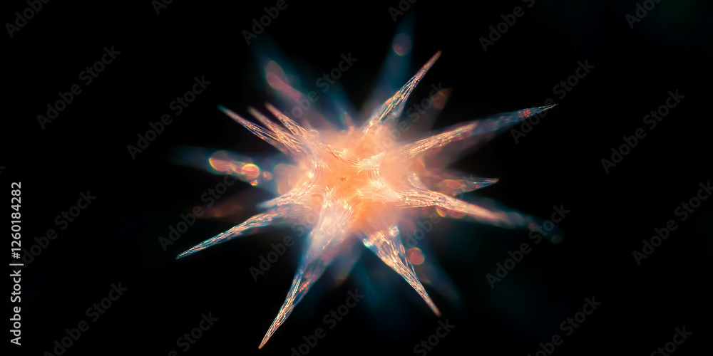 Poster Star-shaped bokeh texture with sharp points and a dazzling sparkle in a dark background