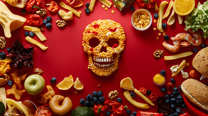 Food Skull on Red Background:  A macabre yet playful still life featuring a skull crafted from various colorful foods, surrounded by an assortment of fruits, vegetables, and seafood.