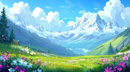 Fototapeta premium Vibrant spring mountain landscape with majestic peaks and blooms