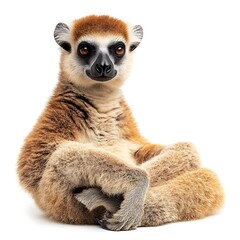 Fototapeta premium Red-fronted lemur sitting, white background, wildlife photography, stock image