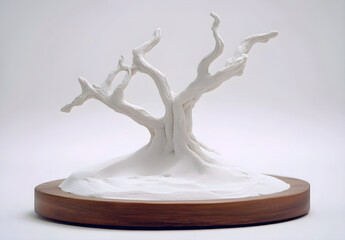 A simple and minimalist design of an ancient tree with branches growing from the top, placed in white sand or mud on a round wooden base. The entire scene is presented as a three-dimensional 