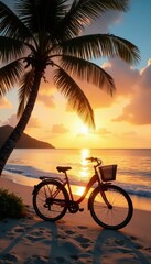Obraz premium Sunrise, bicycle by palm, Mauritius beach scene, idyllic, exotic