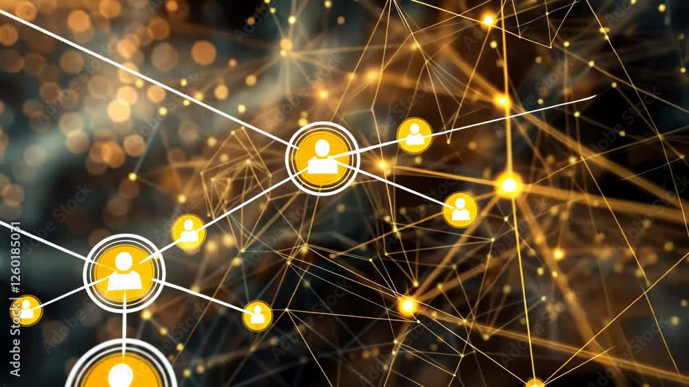 Poster this composition features a network of glowing golden nodes and interconnected lines on a dark backd