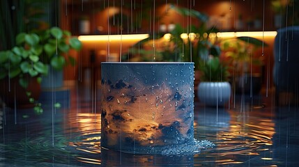 Soft-lit lamp illuminating a serene room with rain creating a cozy vibe.  HD 8K wallpaper Photographic Image