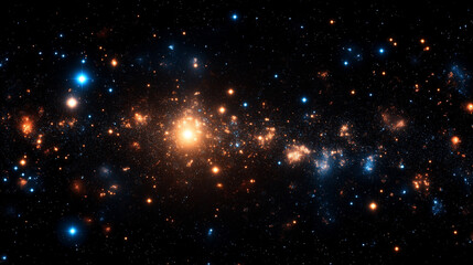 Cosmic Tapestry: A breathtaking view into deep space, showcasing a vibrant tapestry of stars and galaxies in various hues of orange, blue and white, forming a mesmerizing celestial landscape.