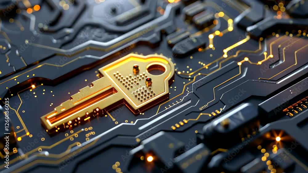 Poster this visual showcases a golden key placed atop a black circuit board, surrounded by glowing lights t