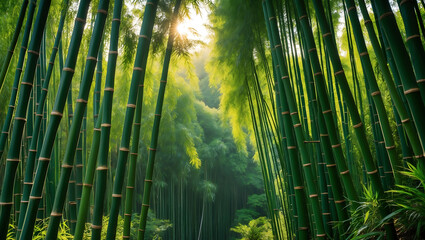 Fototapeta premium Lush Bamboo Forest with Soft Sunlight Filtering Through the Green Canopy Creating a Serene Atmosphere