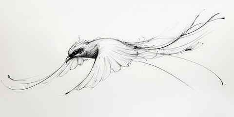 A captivating black and white illustration captures a bird soaring gracefully mid-air, its wings elegantly splayed. With a subtle turn of its head leftward, every detail radiates intricate beauty and 