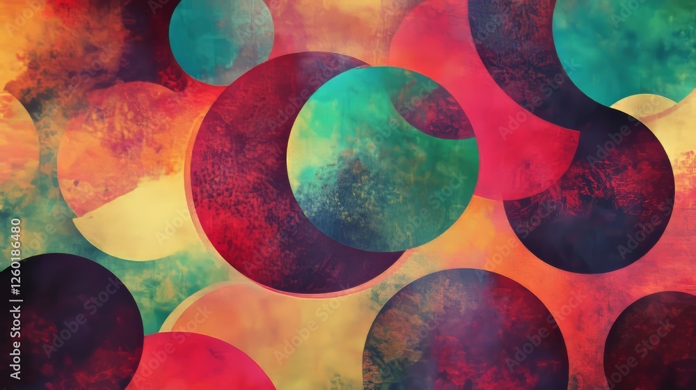 Poster bright abstract artwork featuring colorful overlapping circles against a textured background