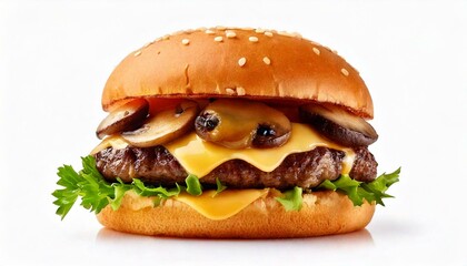 Delicious Hamburger with Mushrooms on a White Background 