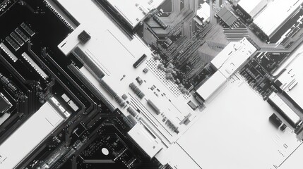 Abstract close-up of circuit board design in monochrome tones