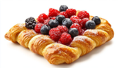A fresh fruit danish with golden flaky pastry and icing