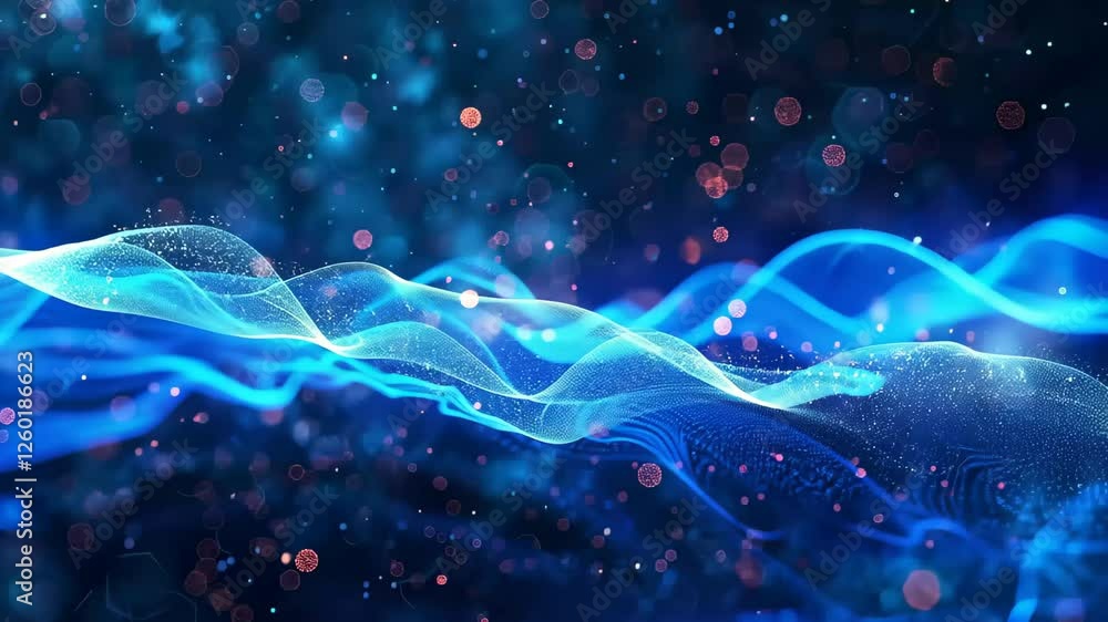 Poster flowing blue waves intertwine with specks of light, creating a mesmerizing display of energy against