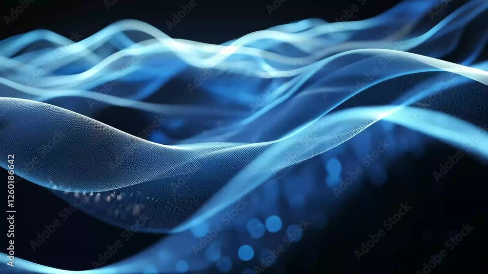 Poster waves of blue light ripple across a dark surface, enhanced by glowing particles, creating an abstrac