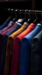 A rack of colorful business suits, showcasing the variety and vibrancy in men's fashion
