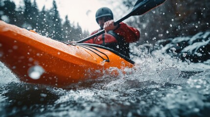 Fototapeta premium Man kayaking on the river in summer surrounded by lush greenery
