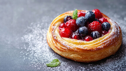 A fresh fruit danish with golden flaky pastry and icing