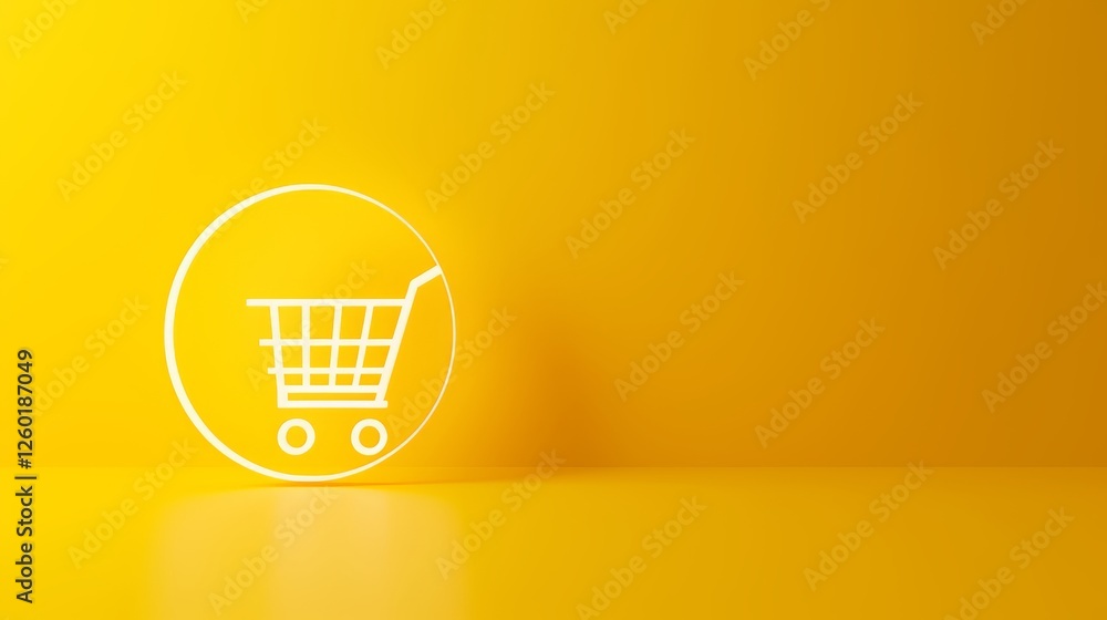 Poster a digital 3d rendering of a glowing shopping cart icon inside a circular frame, set against a bold y
