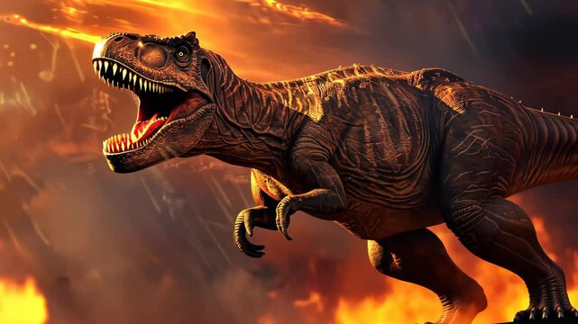 A dinosaur stands boldly, roaring as flames erupt around it, showcasing a dynamic moment in a prehistoric world filled with chaos and destruction.