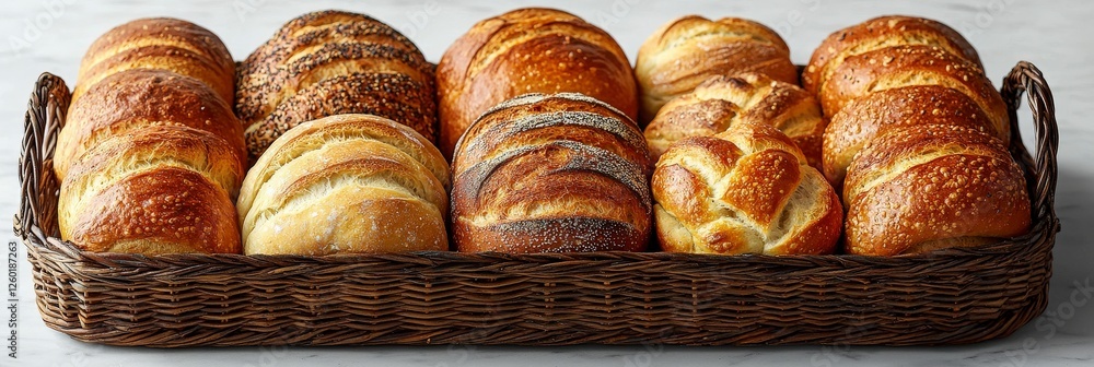 Poster an array of beautifully crafted artisan breads displayed in a woven basket, inviting viewers to appr